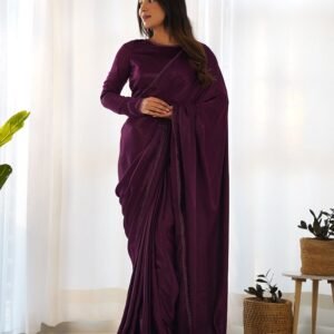 Wine Color Marble Velvet Pre Drapped Saree