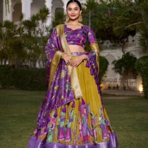 Mustard Color Dola Silk Kalamkari Printed Lehenga Choli