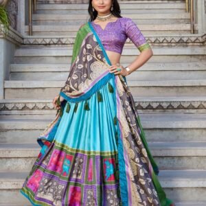 Sea Green Color Tussar Silk Kalamkari Printed Lehenga Choli
