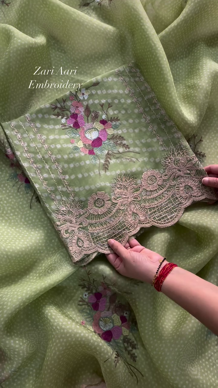 Vibrant Zari Aari Embroidered Floral Fabric - Image 6