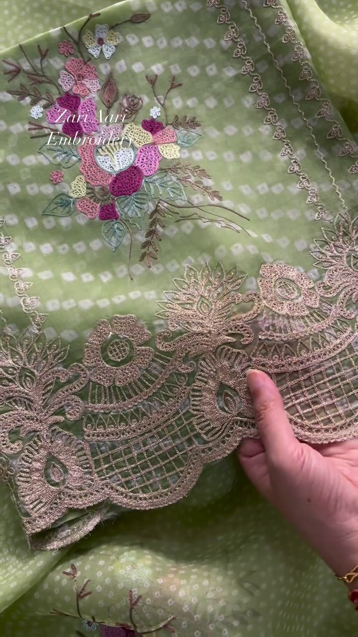Vibrant Zari Aari Embroidered Floral Fabric - Image 5