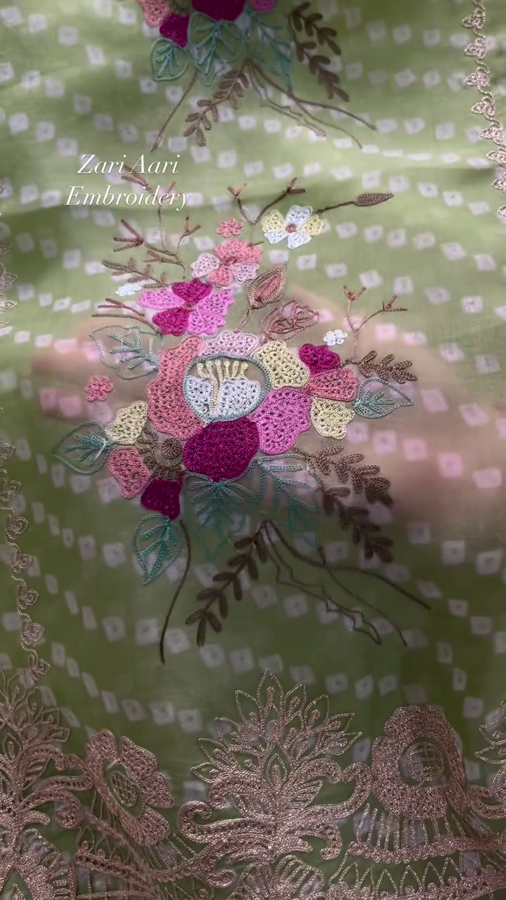 Vibrant Zari Aari Embroidered Floral Fabric - Image 2