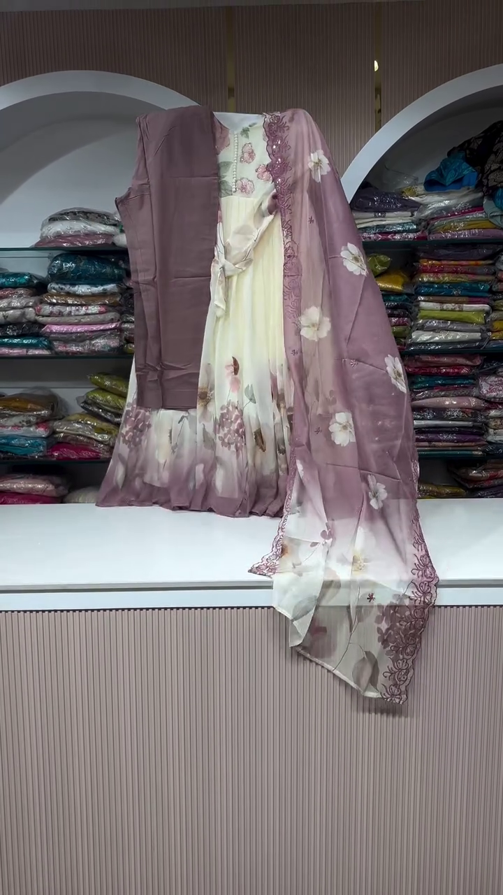 Elegant Mauve and Floral Printed Three-Piece Ensemble