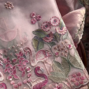 Exquisite Dusty Rose Sheer Fabric with Flamingo Embroidery