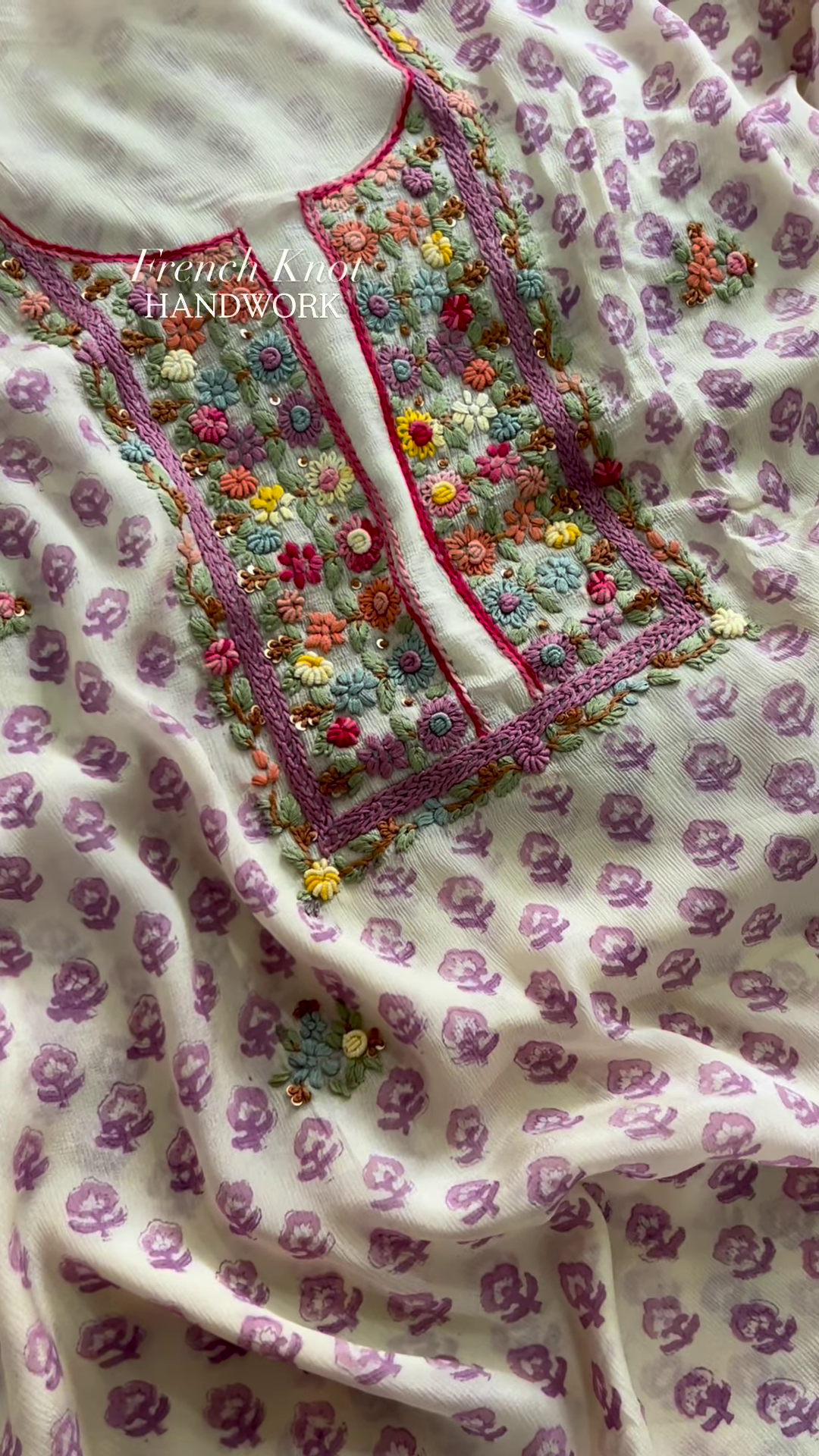 Handcrafted Floral Embroidered Kurta with French Knot Work - Image 4