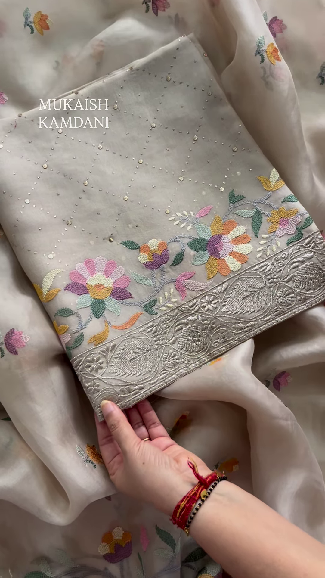 Sheer Fabric with 3D Floral Applique and Embroidery - Image 5