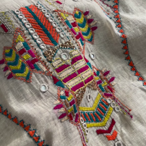 Kamdani Embellished Fabric with Multi-Colored Floral Border