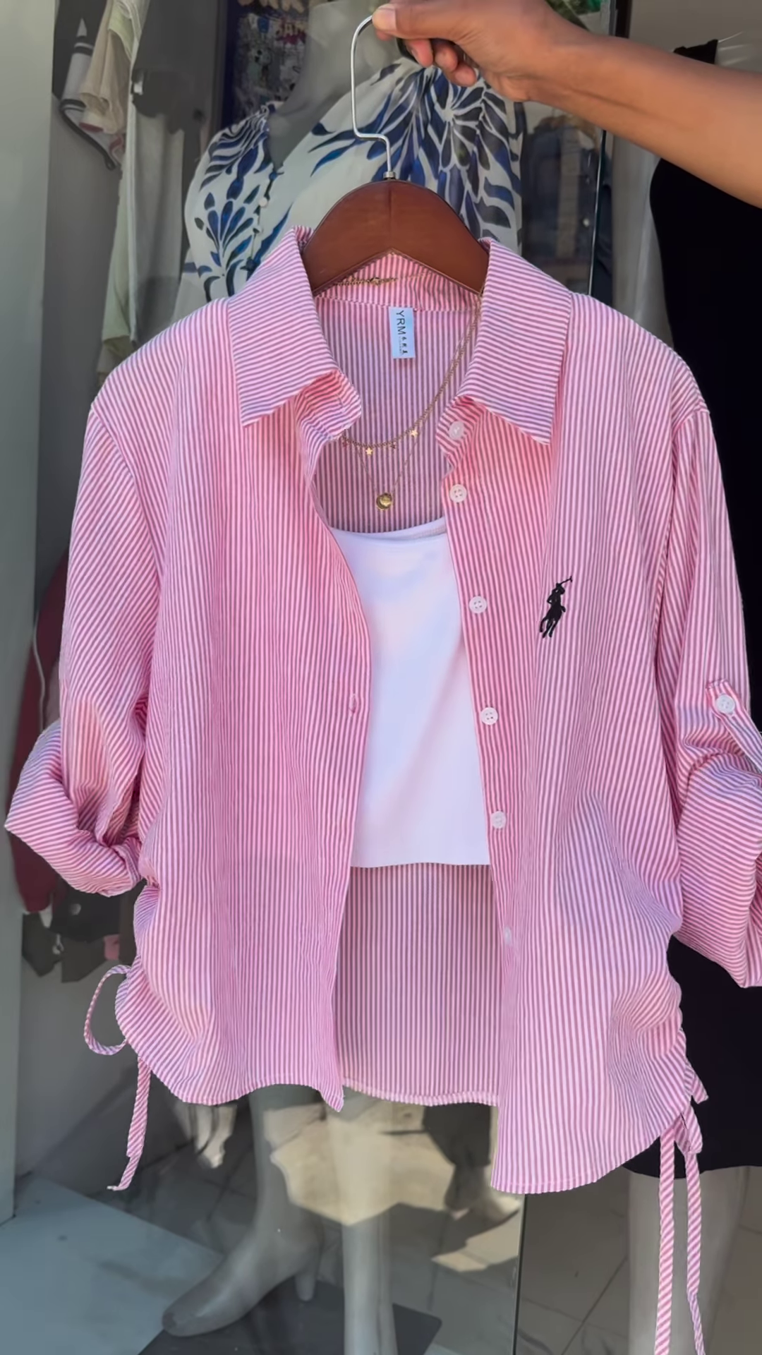 Casual Pink Pinstripe Button-Down Shirt with Ruched Side Detail