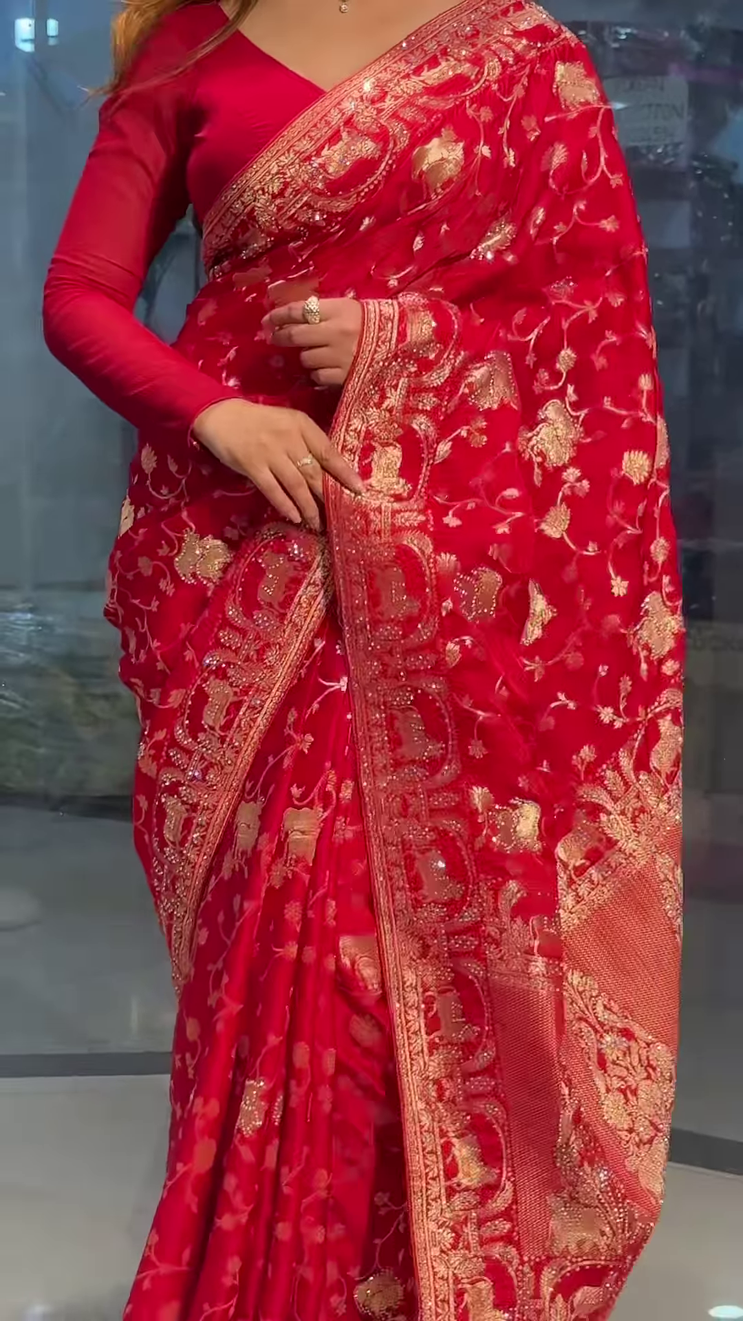 Royal Crimson Silk Saree with Antique Gold Floral Vine Zari Work