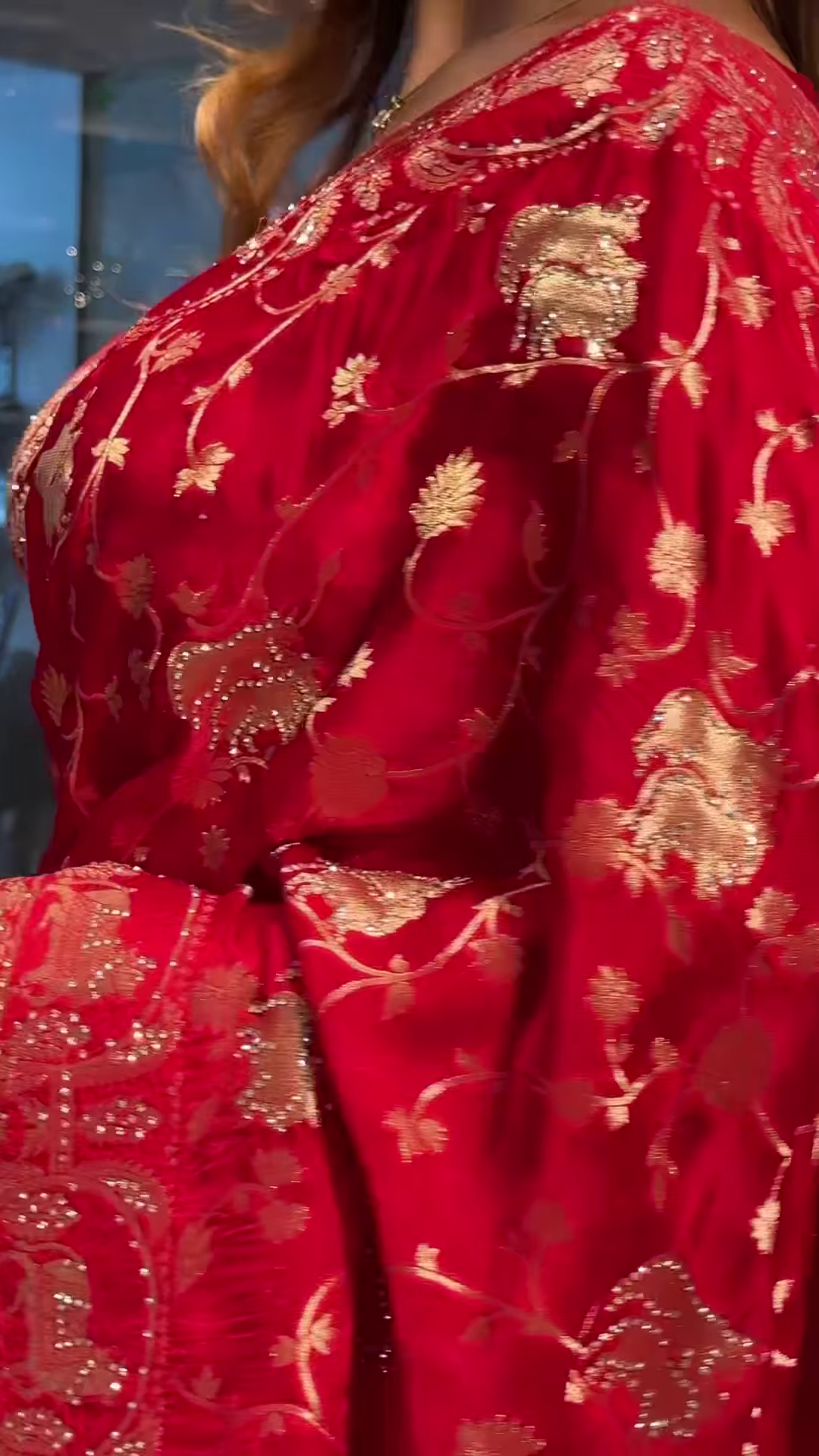 Royal Crimson Silk Saree with Antique Gold Floral Vine Zari Work - Image 3