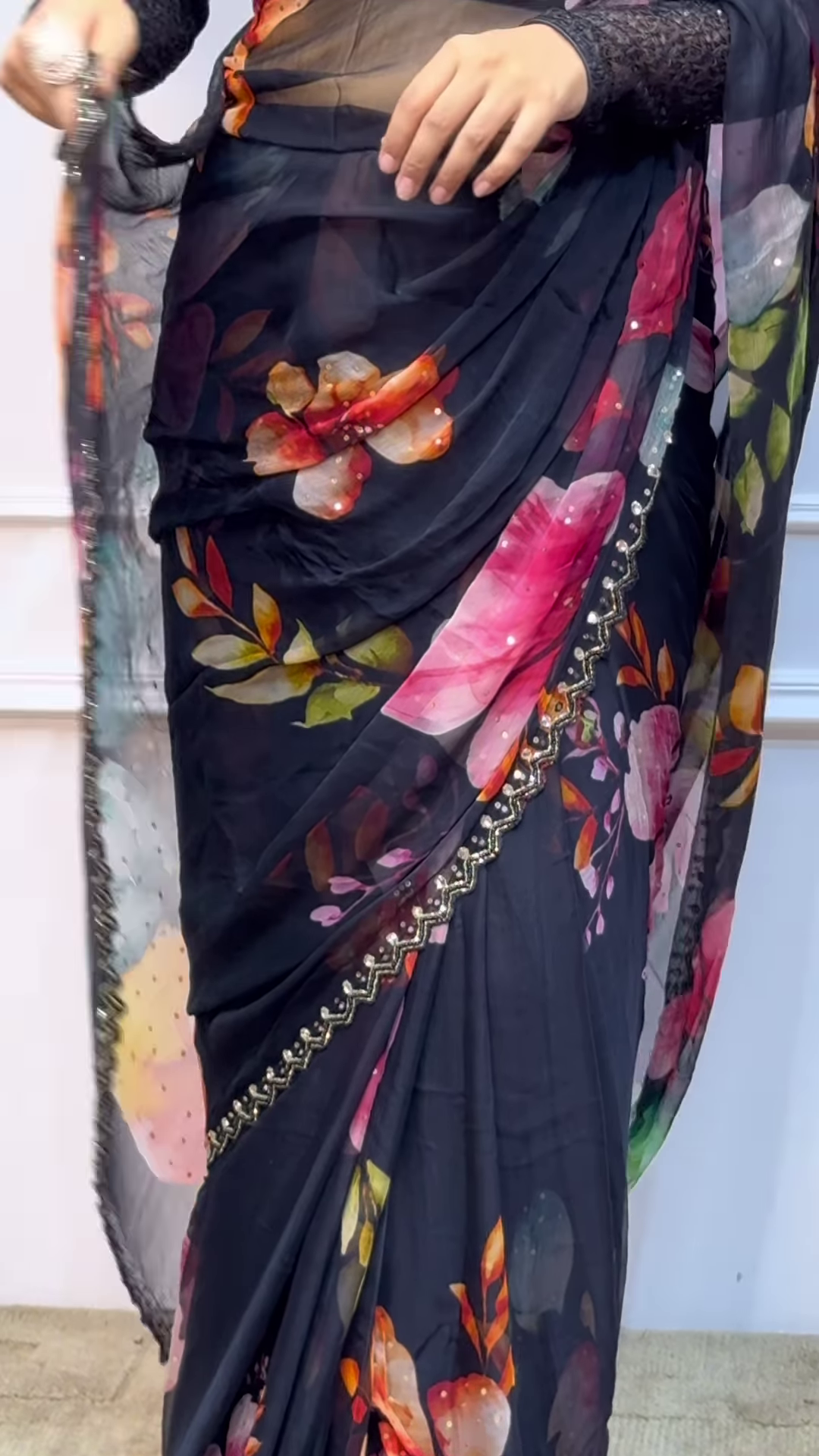 1. Midnight Garden Floral Organza Saree with Sequin Border - Image 4