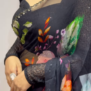 1. Midnight Garden Floral Organza Saree with Sequin Border