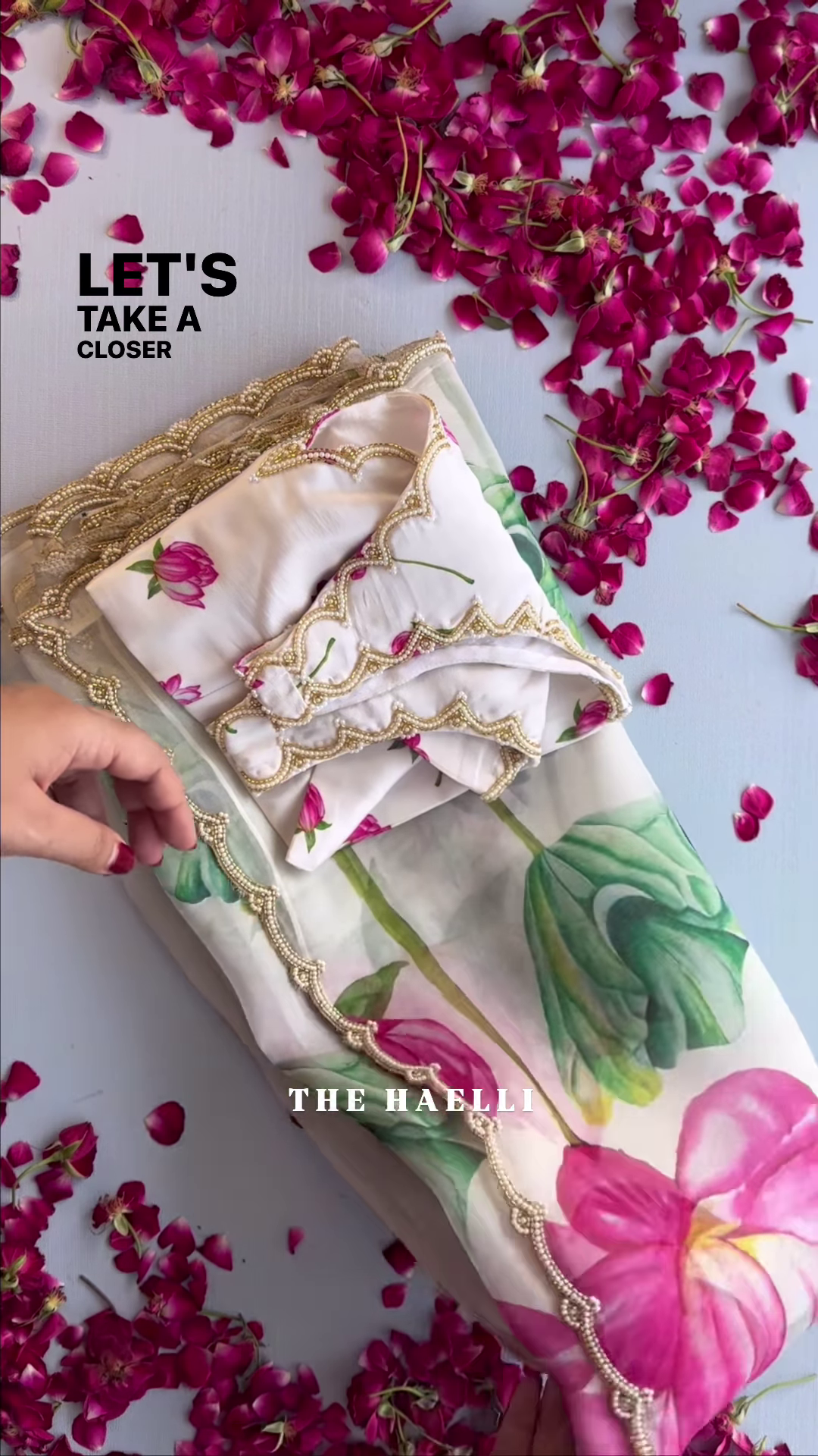 White Organza Saree with Pink Lotus Print - Image 4