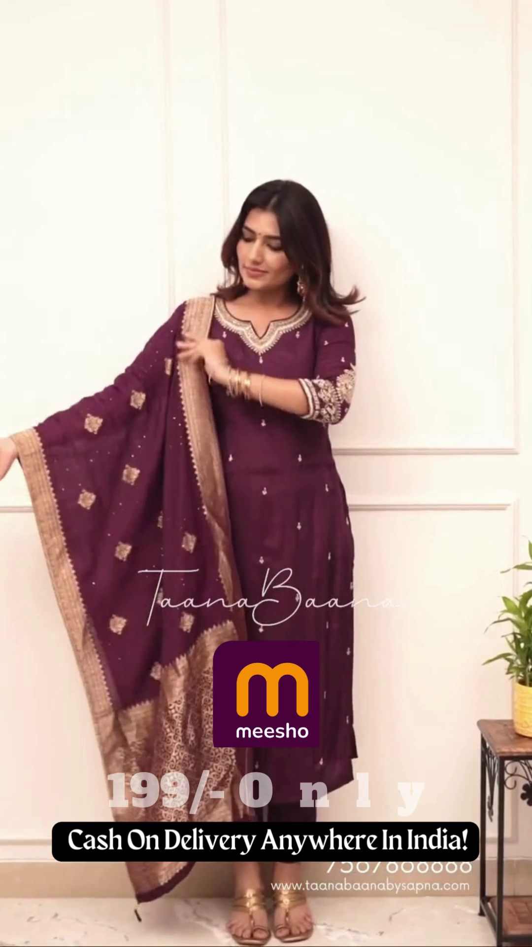 Deep Plum Purple Silk Suit with Gold Zari Border