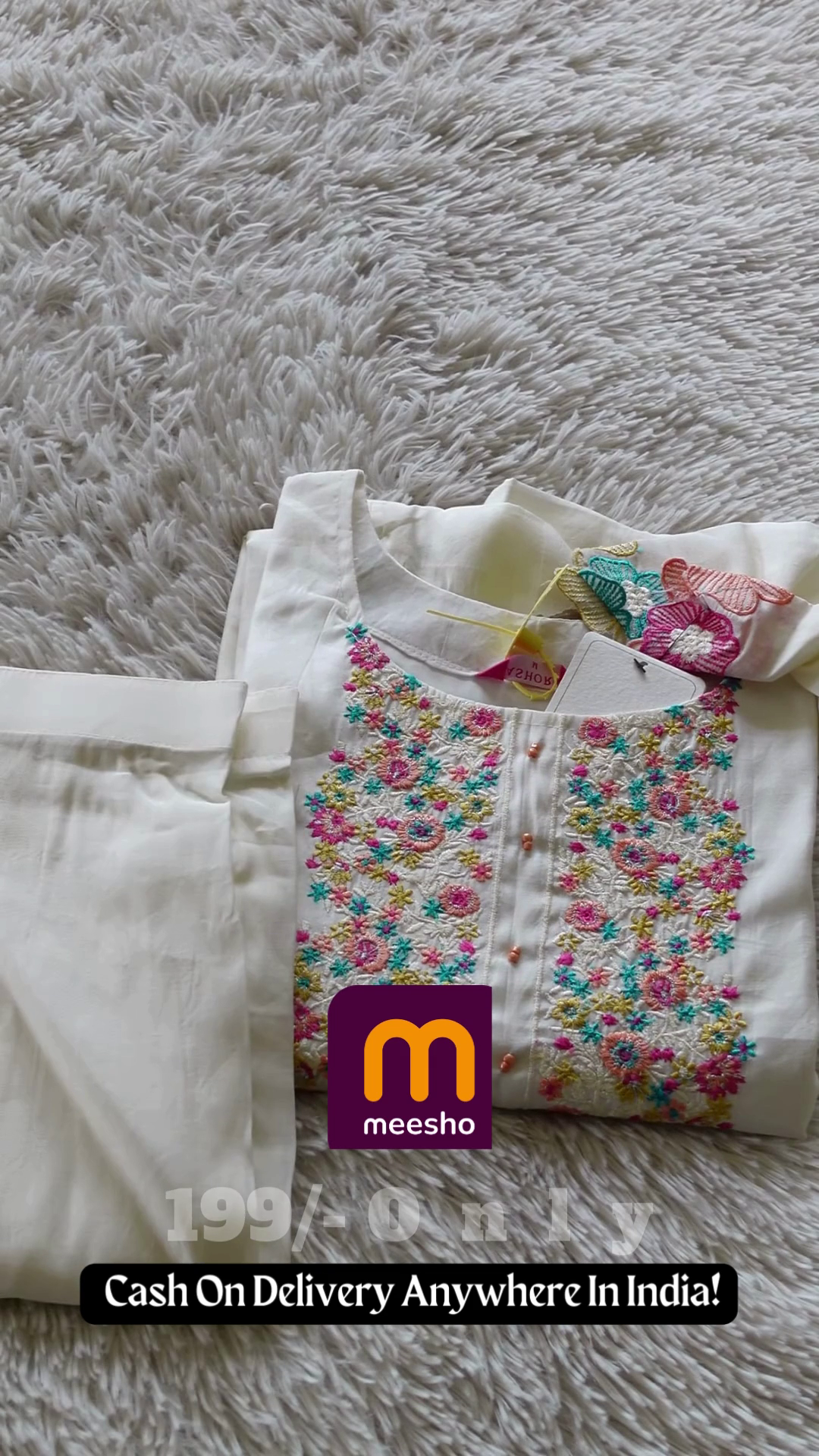 White Cotton Suit with Multi-Color Resham Embroidery