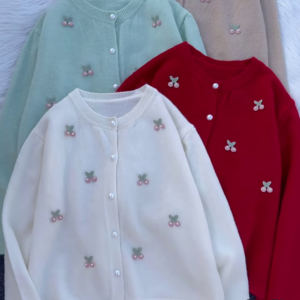 Pastel Cherry Embroidered Button-Down Cardigans with Pearl Buttons - Aesthetic Winter Knitwear Collection