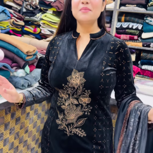 Luxury Black Velvet Kurta with Gold Floral Embroidery and Matching Sheer Dupatta – Elegant Evening Suit