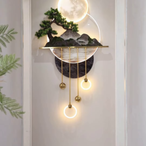 Ethereal Lunar Moon and Bonsai Wall Sculpture with Built-In LED Lighting – Luxury Interior Wall Art