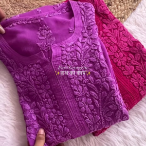 Hand-Embroidered Purple and Pink Pure Georgette Lucknowi Chikankari Kurta - Designer Boutique Ethnic Collection