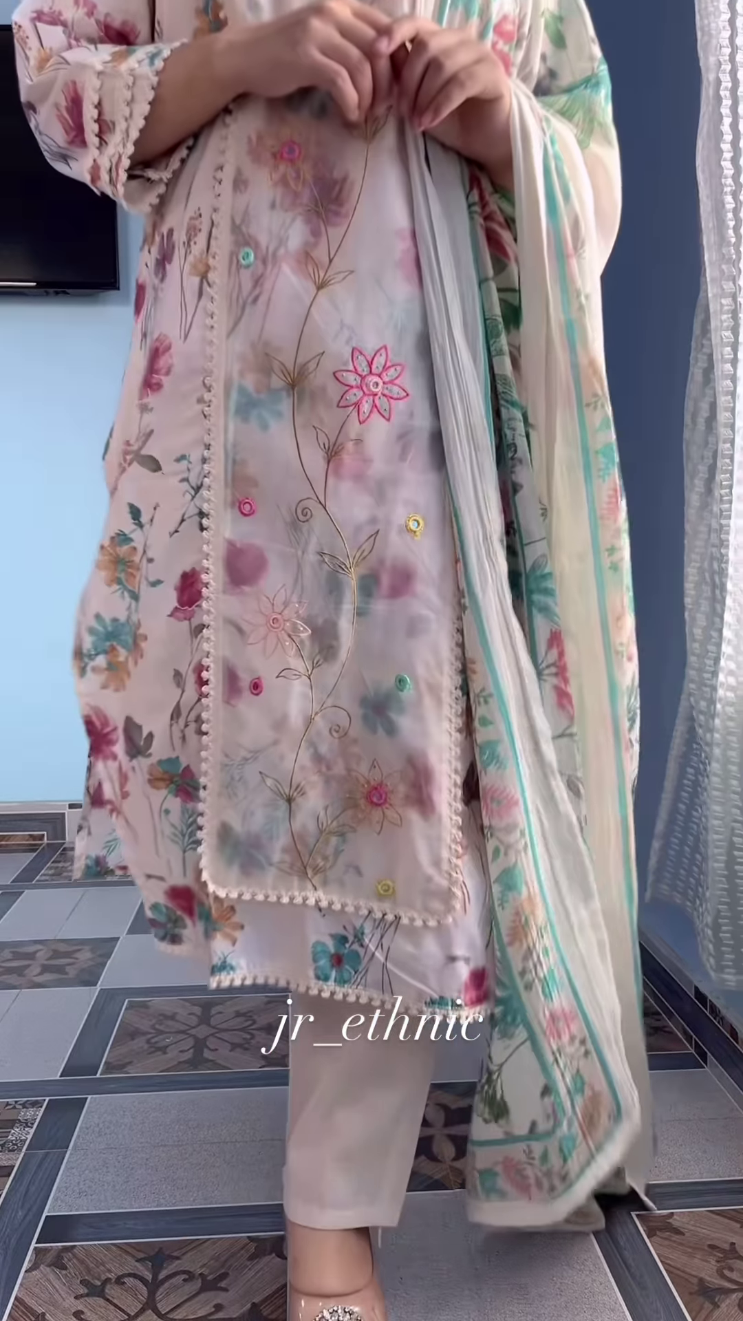 Elegant Floral Print Kurti Set with Dupatta - Women's Pastel Ethnic Wear - Image 2