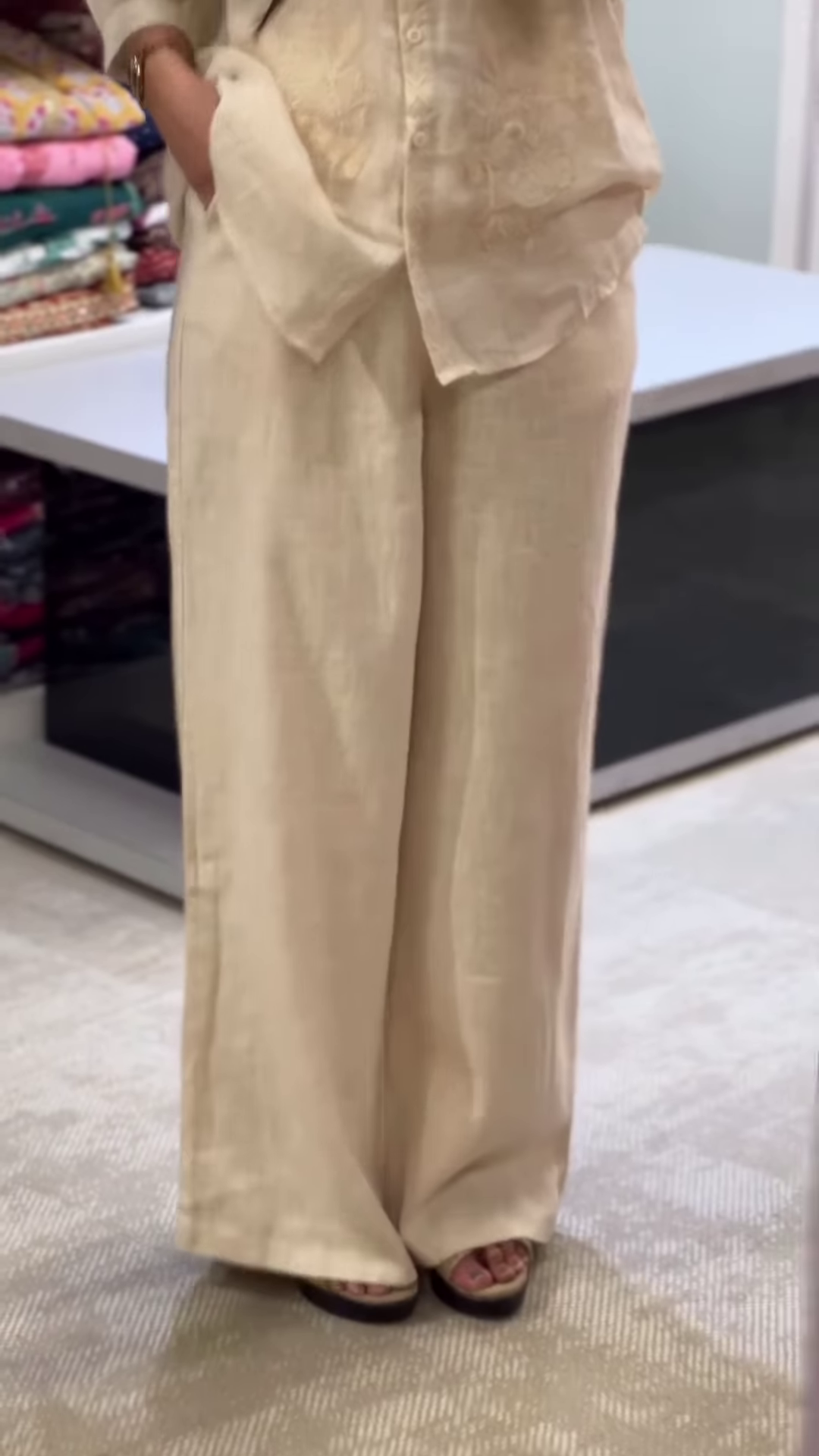 Embroidered Ivory Mandarin Collar Shirt with Matching Trousers – Lightweight Ethnic Summerwear - Image 2