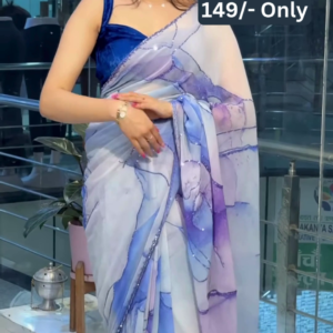 Women’s Abstract Blue-Purple Printed Saree with Solid Blouse – Lightweight Everyday Ethnicwear