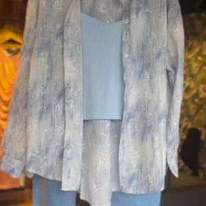 Women’s Light Blue Ribbed Tank Top with Floral Sheer Shirt and Denim Bermuda Shorts – Layered Summer Streetwear Look