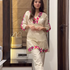 Women’s Beige Embroidered Kurta Pant Set with Geometric Pink-Green Motifs – Cultural Boutique Portrait Edit