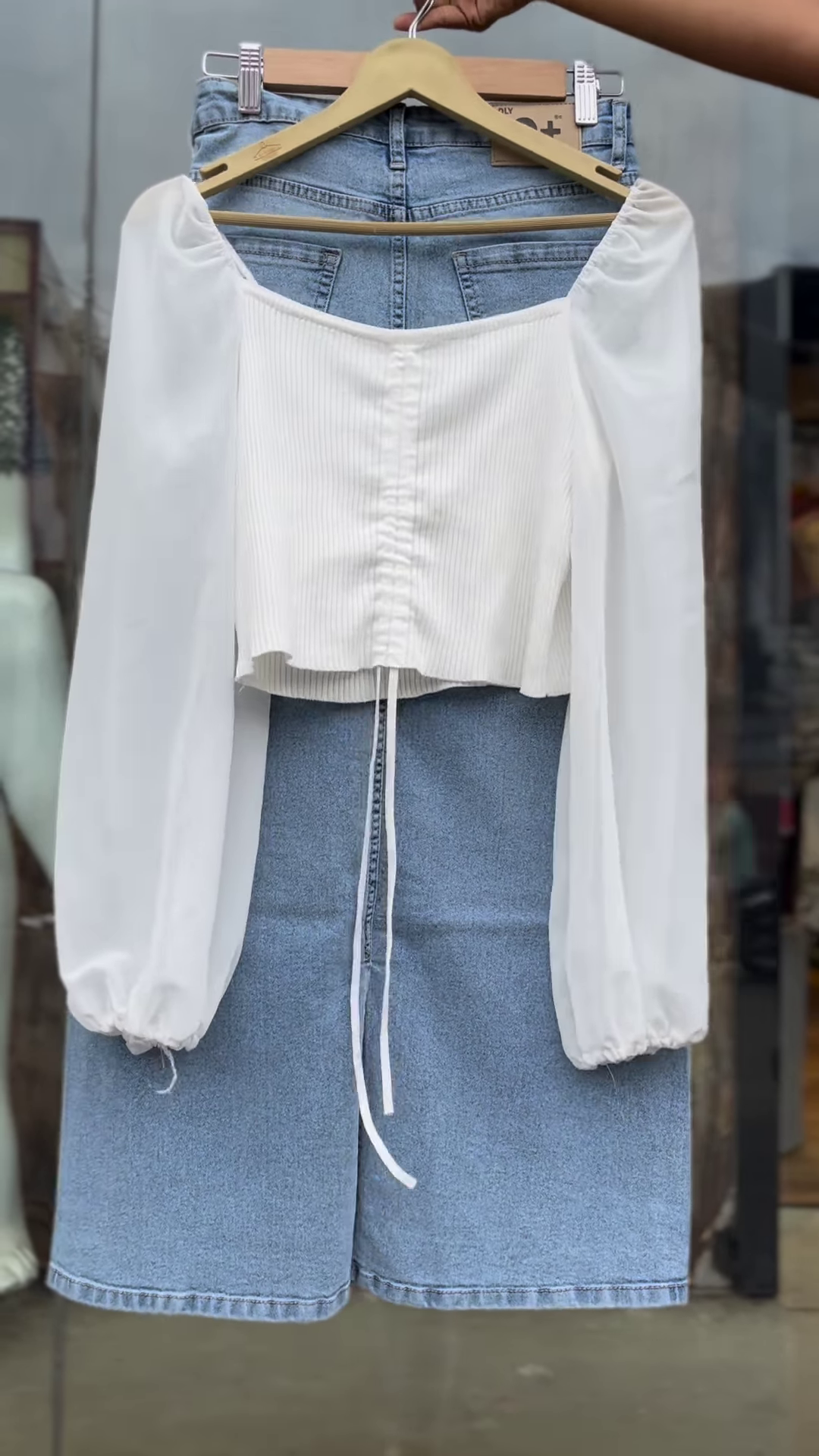 Women’s White Ruched Tie-Front Blouse with Sheer Sleeves & High-Waist Light Blue Denim Shorts – Summer Casual Co-Ord Set