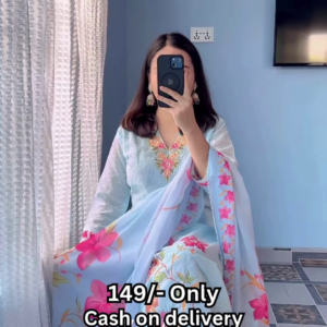 Women’s Light Blue Floral Printed Kurti with Matching Dupatta