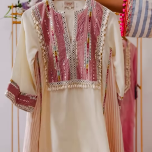 Women’s Baby Pink Beaded Kurti with Shell Accents – Premium Embroidered Ethnicwear for Boutique Collections