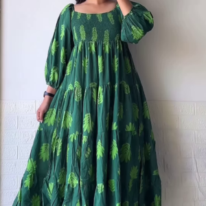 Women’s Leaf-Print Green Maxi Dress with Smocked Bodice and Tiered Skirt – Elegant Casualwear from Summer Portrait Series