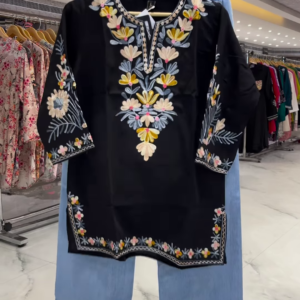 Women’s Black Floral Embroidered Kurti with Light Blue Denim Pants – Everyday Ethnicwear Ensemble with Bright Accents