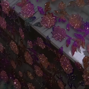 Luxury Sheer Fabric with Glitter Floral Embroidery – Purple-Pink Bloom Motif on Transparent Base for Occasionwear Draping & Tailoring