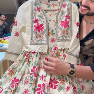 Women’s Cream Floral Embroidered Anarkali Dress with Fitted Bodice & Flared Hem – Vibrant Occasionwear for Ethnic Styling