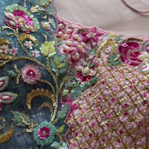 Dual-Toned Embroidered Sheer Fabric Panel with Sequins & Floral Motifs – Pink & Blue Textile for Occasionwear Drapes & Fusion Tailoring