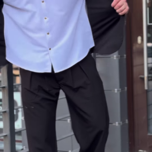 Men’s Black Stretchable Button-Up Shirt with Gray Pants – Comfort-Fit Ethnic Fusion Ensemble for Everyday Styling