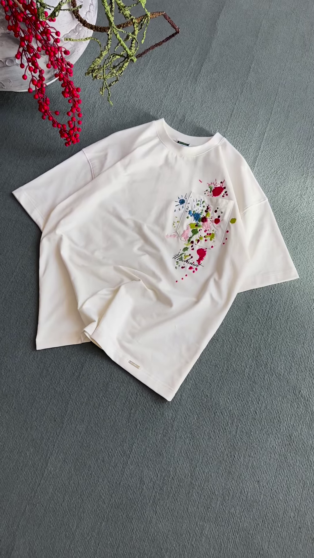 Unisex White & Beige T-Shirts with Colorful Paint Splatter and Pocket Embroidery – Artistic Casualwear for Everyday Styling - Image 5
