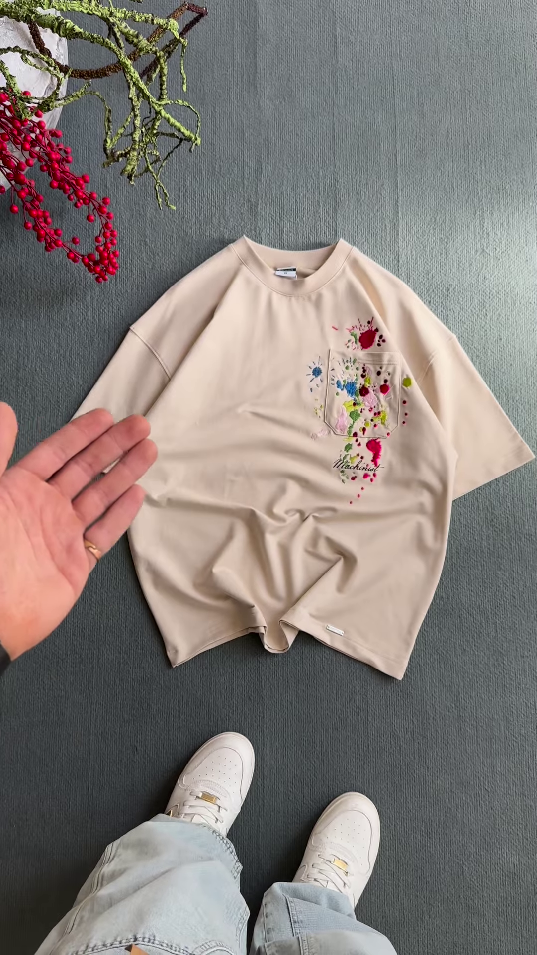 Unisex White & Beige T-Shirts with Colorful Paint Splatter and Pocket Embroidery – Artistic Casualwear for Everyday Styling - Image 2