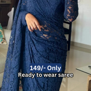 Women’s Dark Blue Lace Saree with Floral Patterns & Matching Blouse – Ready-to-Wear Ethnic Ensemble Styled with Beaded Necklace