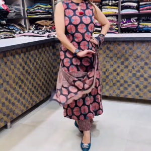 Women’s Sleeveless Black Dress with Red Circular Motifs & Keyhole Neckline – Boutique Ethnicwear Styled with Matching Fabric Accent