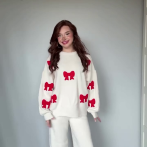 Cute Knit & Pajama Co-ord Sets 🩷 Available in Peach Print, Cream Bow & Grey Bow Variants