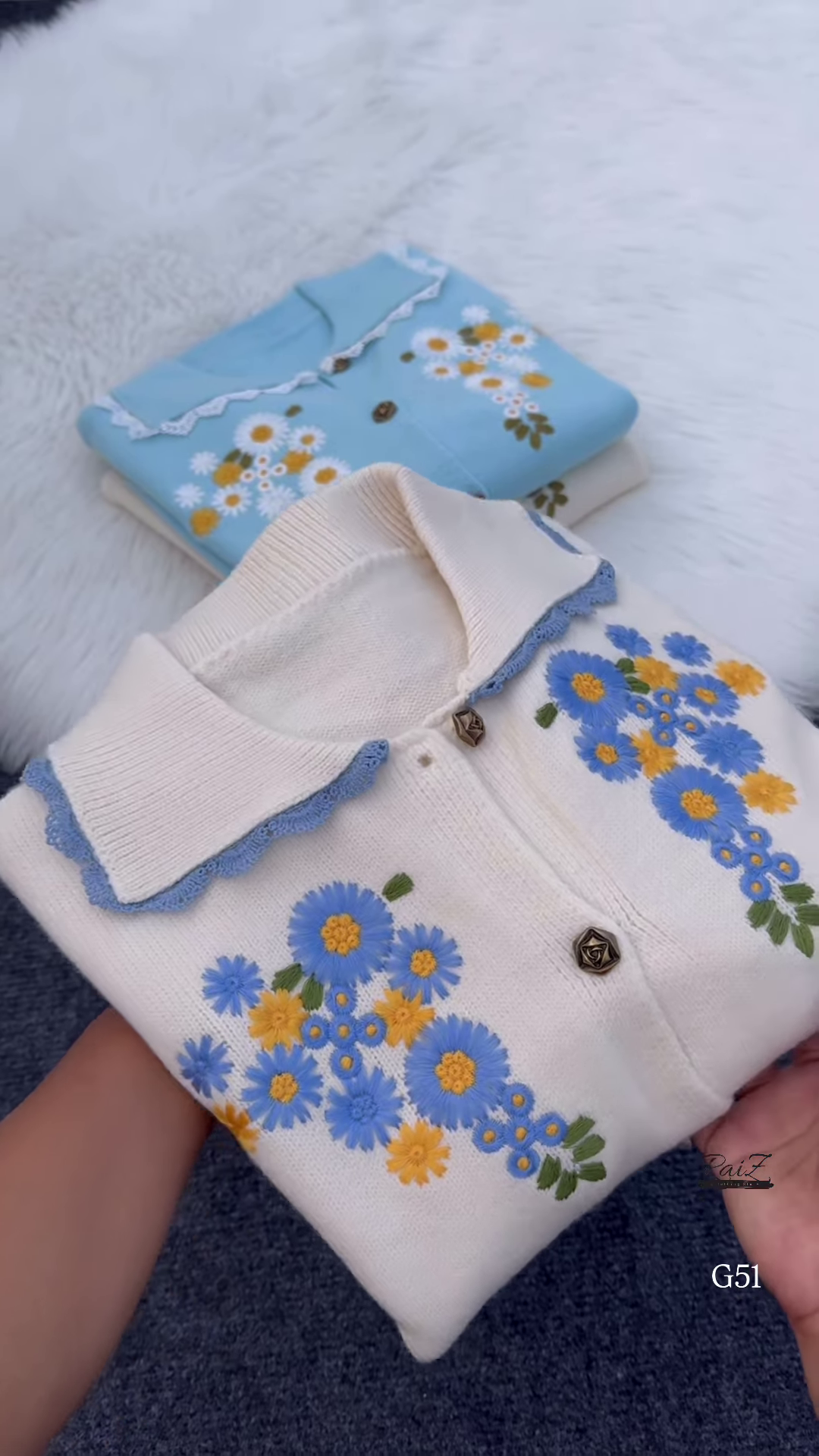 Embroidered Floral Collar Cardigans 🌼 Available in Cream, Light Blue & Lace-Trim Variants - Image 2