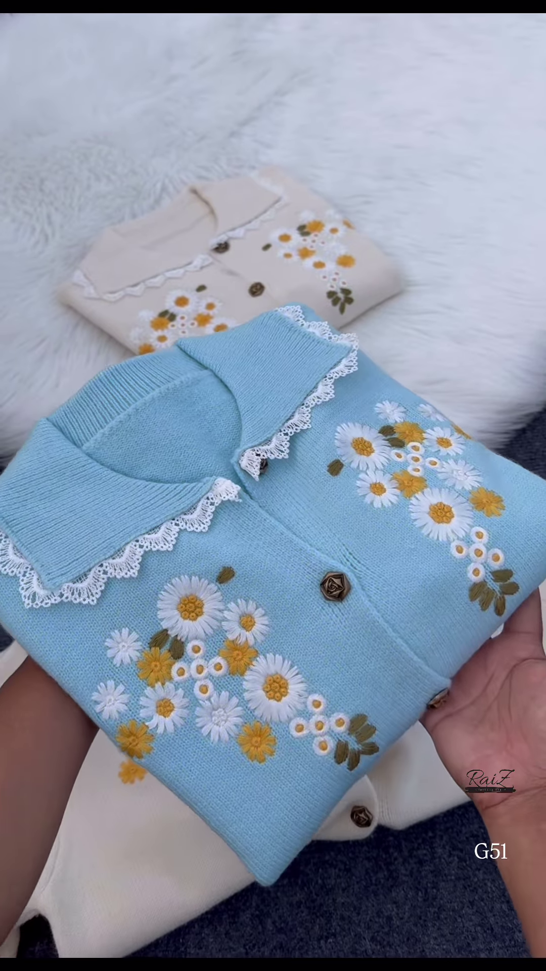 Embroidered Floral Collar Cardigans 🌼 Available in Cream, Light Blue & Lace-Trim Variants - Image 3