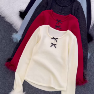Fur-Cuffed Bow Detail Sweaters 🧥 Available in Black, Light Blue, Dark Grey, Red & Cream