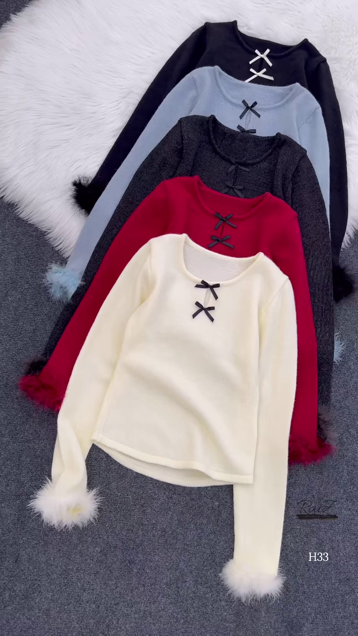 Fur-Cuffed Bow Detail Sweaters 🧥 Available in Black, Light Blue, Dark Grey, Red & Cream