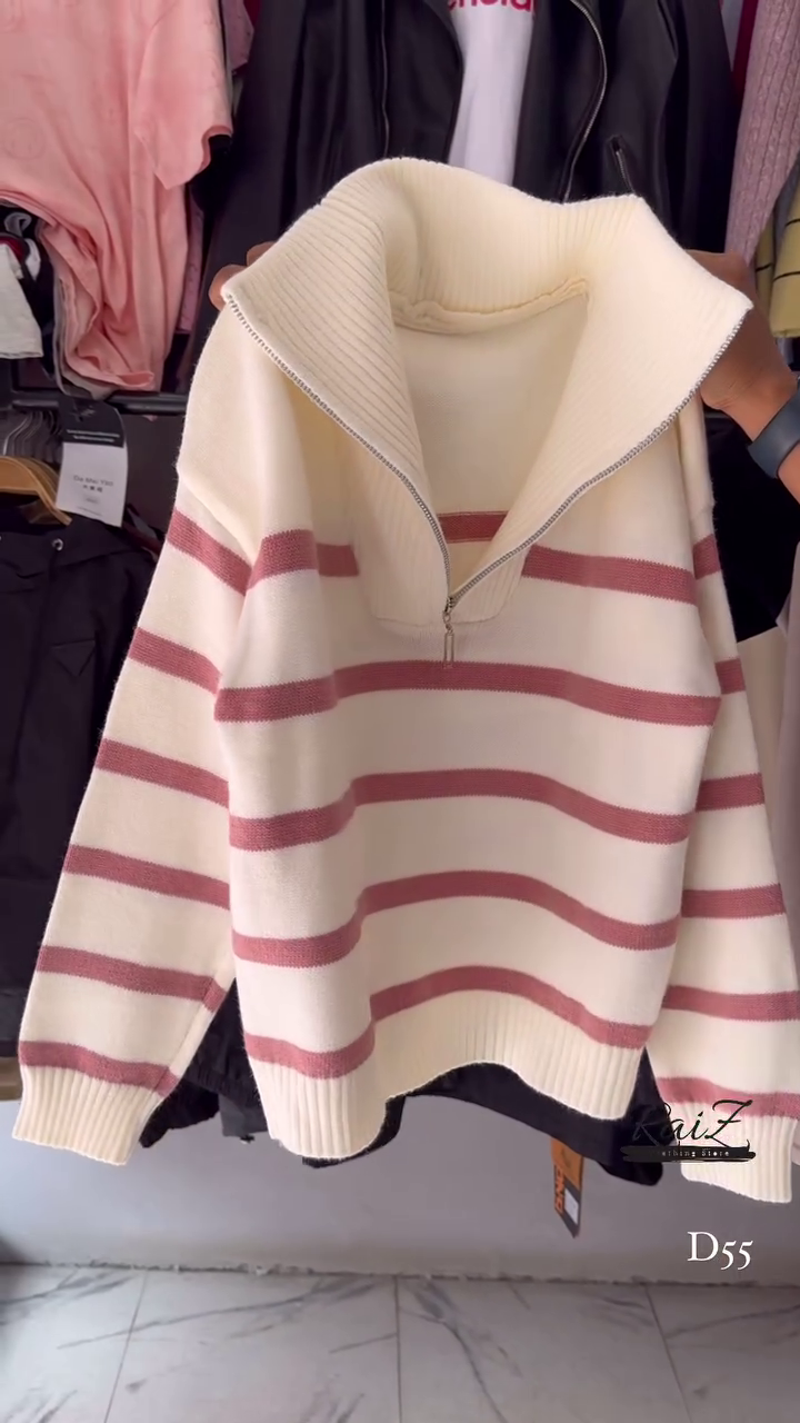 Striped Knit Sweater Collection 🧶 Half-Zip & Crew Styles – Cream, Blue, Red & More - Image 5