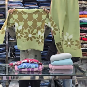 Floral Knit Co-ord Sets 🌸 Heart & Flower Patterns – Purple, Green & Pink Variants