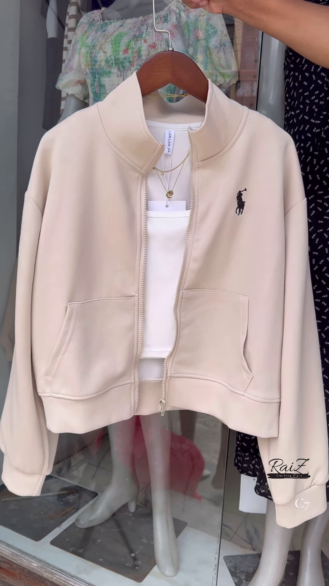 Zip-Up Layered Jackets 🧥✨ With High Collars & Gold Necklace Styling – Beige, White & Brown Variants - Image 4