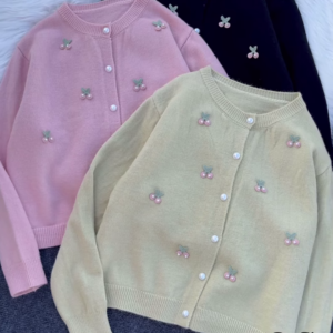 Cherry Embroidered Knit Cardigans 🍒🧶 With Pearl Buttons – Beige, Mint, Red & White Variants